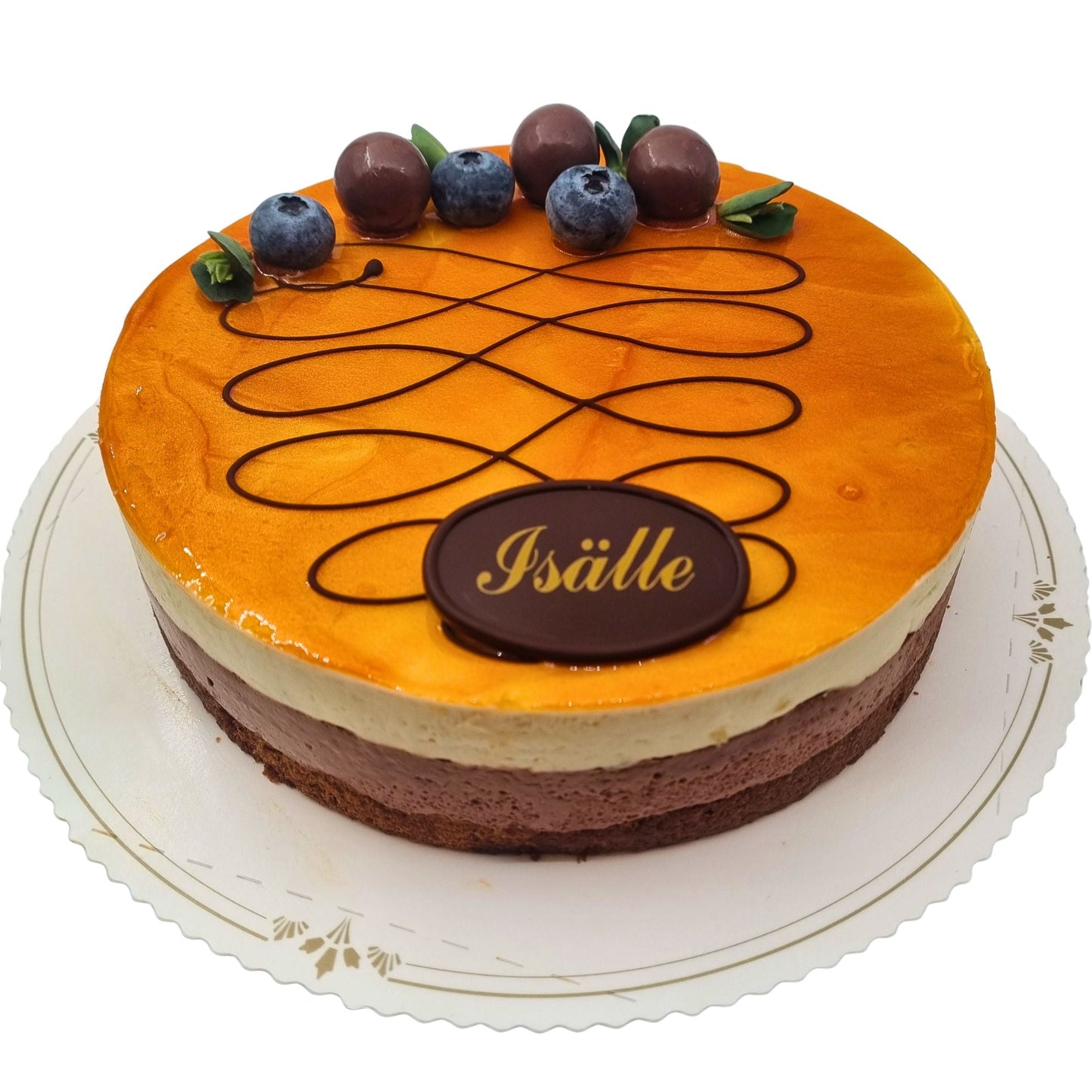 Päärynä-suklaahyydykekakku suklaapohjalla